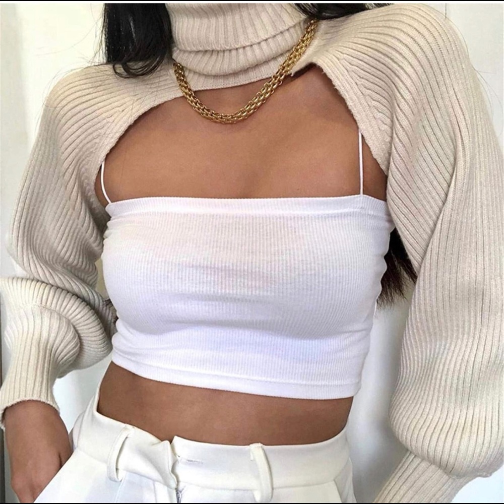 NWT+Turtle neck++Sleeves+Sweater+Shrug Sweater+Ribbed+Cotton+Shrug+Cream